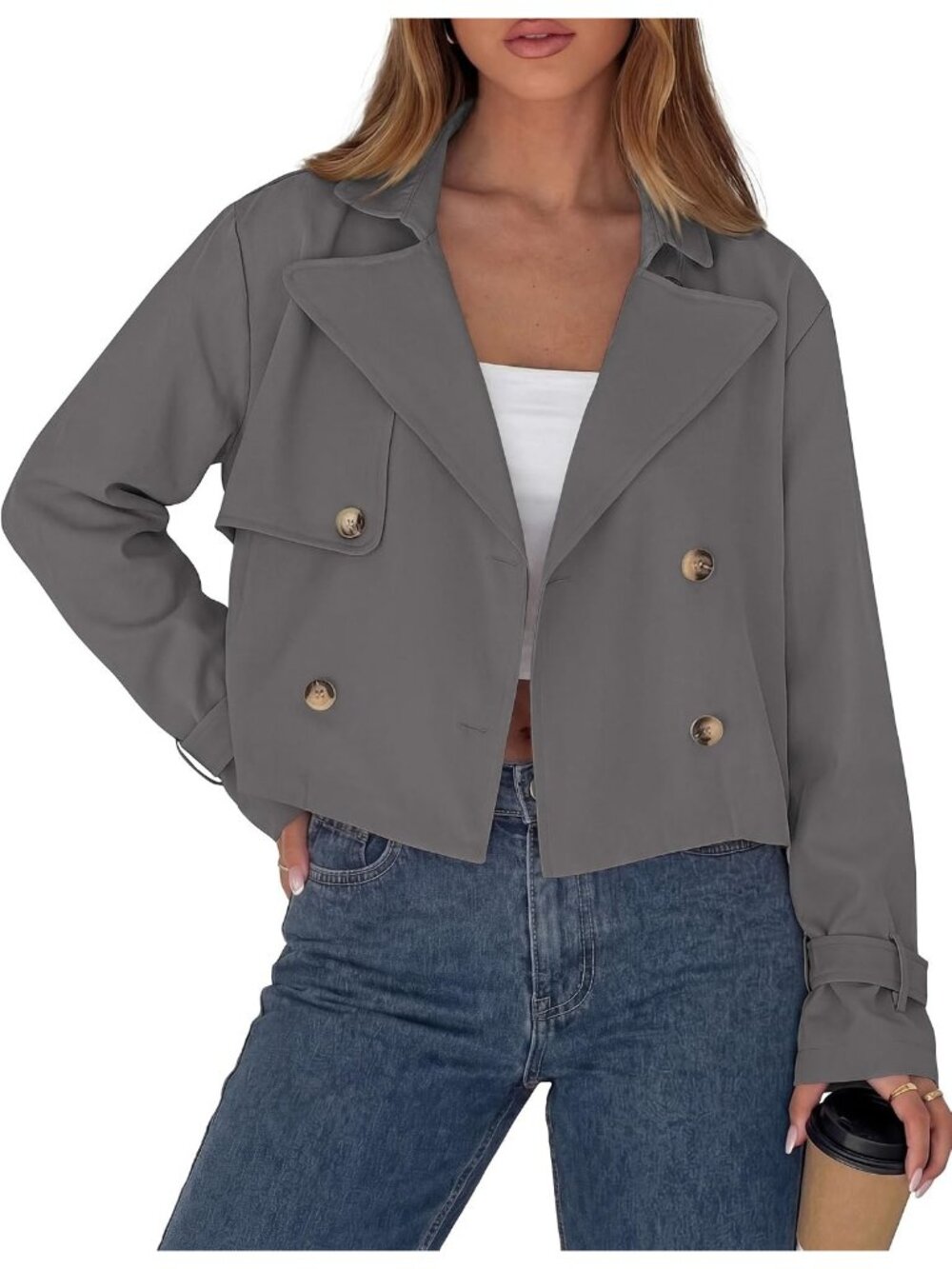 Women’s Grey Long Sleeve Double Breasted Office Casual Cropped Short Jacket